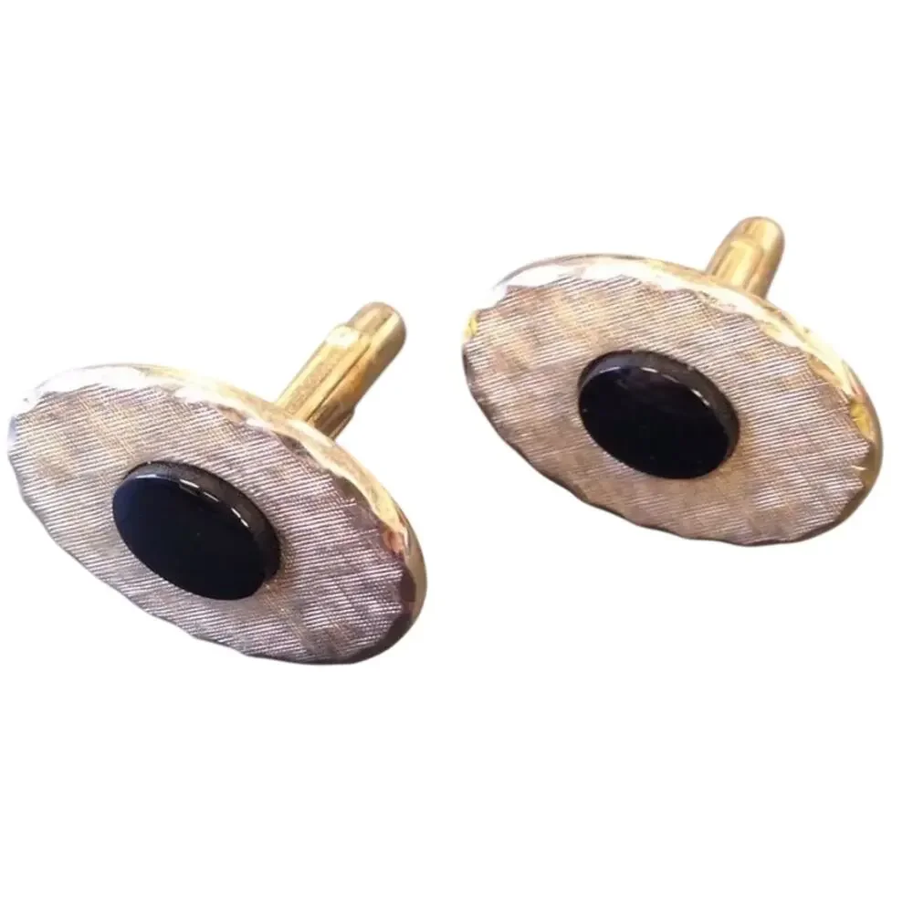 Vintage Dante signed Cufflinks textured silver on gold ovals black onyx centers